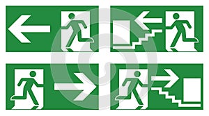 Emergency exit safety sign. White running man icon on green back