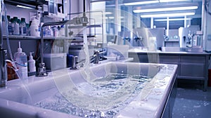 Emergency eyewash station being tested for functionality in a laboratory