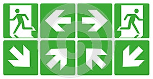 Emergency and fire exit signs. The direction of the emergency exit