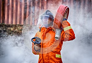 Emergency Fire Rescue training, firefighters in uniform, carry