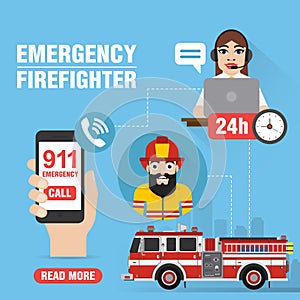 Emergency, Firefighter concept design flat, 911 emergency call