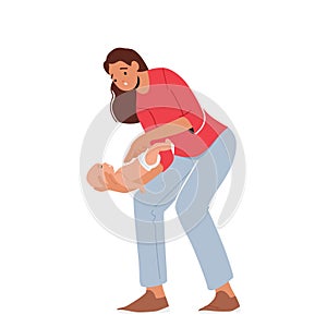 Emergency, First Aid Food Choking Baby. Female Character Mother Trying To Reanimate Or Help Newborn Choke-bore Baby