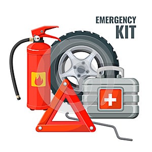 Emergency first aid kit and necessary auto service equipment vector photo