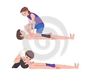 Emergency First Aid Procedure with Man Helping Victim Vector Set