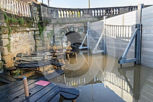 Bewdley Bridge, flood barriers erected to protect local population,Bewdley Bridge,Worcestershire,England,UK photo