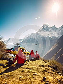 Emergency fly tranportation. Air mountain rescue helicopter. Generative AI