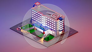 Emergency Hospital Entrance in 3d isometric style. The building of the clinic with lobby for patients. The night scene. 3D render