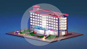 Emergency Hospital Entrance in 3d isometric style. The building of the clinic with lobby for patients. The night scene. 3D render