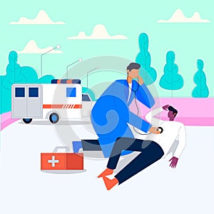 Emergency illustrated ambulance with doctors and patient, Doctor checking outdoor patient to pick hospital illustration, emergency