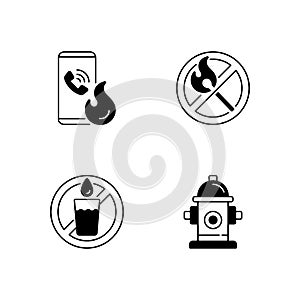 Emergency instructions for fire safety black linear icons set