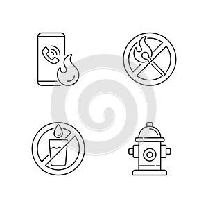 Emergency instructions for fire safety linear icons set