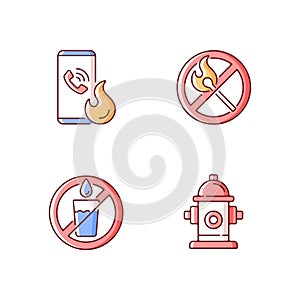 Emergency instructions for fire safety RGB color icons set