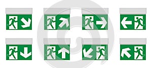 Emergency light for signage, realistic vector illustration. Green exit sign set. Design element