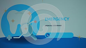 Emergency medical coverage inscription on light blue background. Graphic presentation of a healthy tooth under