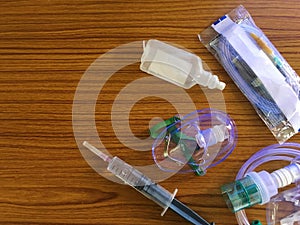 Emergency medical equipments laying on the table.