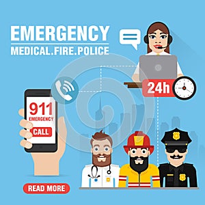 Emergency Medical, Fire, Police concept design flat, 911 emergency call