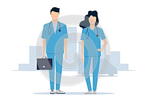 Emergency medical service. Doctors man and woman rush to the rescue. Vector illustration