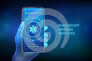 Emergency medical services concept on virtual screen. Emergency call. Online medical support. Medicine and healthcare