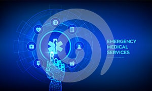 Emergency medical services concept on virtual screen. Emergency call. Online medical support. Medicine and healthcare application