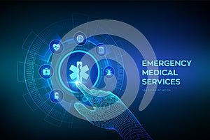Emergency medical services concept on virtual screen. Emergency call. Online medical support. Medicine and healthcare application