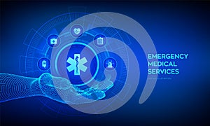 Emergency medical services concept on virtual screen. Online medical support. Medicine and healthcare application. Emergency in