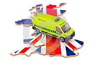 Emergency medical services in the Great Britain. Ambulance van on the British map. 3D rendering