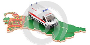 Emergency medical services in Turkmenistan. Ambulance van on the Turkmen map. 3D rendering