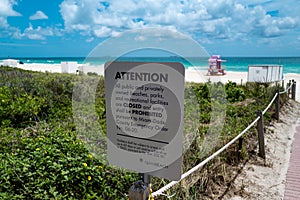 Emergency Orders Miami-Dade County. Coronavirus, Covid-19. Miami Beach Closing Sign. Beaches closed.