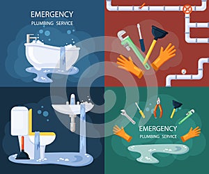 Emergency plumbing illustration set. Blocked drain in water outlet pipe streams dirty water pouring from toilet and bath