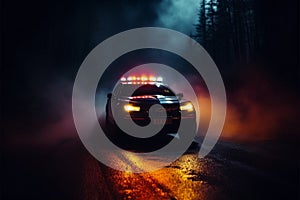 Emergency police car races through the fog, pursuing a vehicle