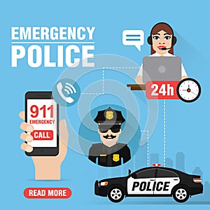 Emergency, Police concept design flat, 911 emergency call
