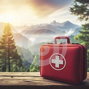 Emergency Preparedness First Aid Kit Isolated on nature blure background. ai generative