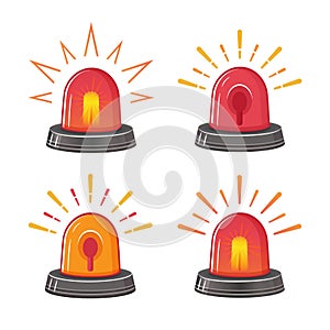 Emergency red siren icon set. Ambulance or police flasher. Alarm fire siren. Rotating lamp. Alert flashing beacon. Warning sign