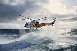 Emergency rescue helicopter flies over sea surface, looking for victims after crash. Generative AI