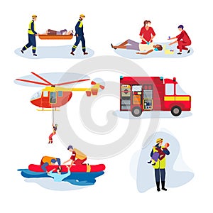 Emergency rescue team, help people cartoon characters, set isolated on white, vector illustration