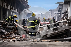 Emergency responders working amidst wreckage. Generative AI