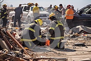 Emergency responders working amidst wreckage. Generative AI