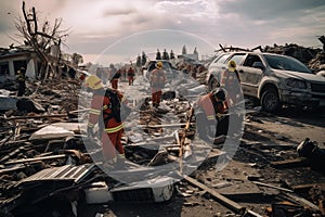 Emergency responders working amidst wreckage. Generative AI photo