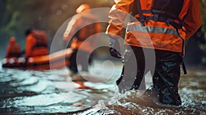 Emergency Response Team in Floodwaters. Photo highlights the urgency and efforts of rescue operations during a flooding