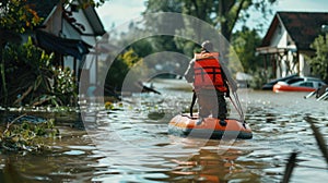 Emergency Response Team in Floodwaters. Photo highlights the urgency and efforts of rescue operations during a flooding