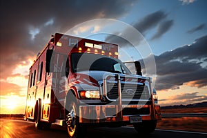 Emergency response vehicle speeding on road at evening sunset, heading incident