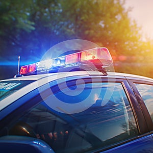Emergency response vivid flashing lights on close up police vehicle