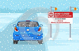 Emergency road closed sign due to winter conditions. Flat vector illustration.