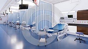 Emergency room interior with empty hospital beds