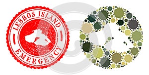 Emergency Rubber Badge and Covid-2019 Mosaic Subtracted Lesbos Island Map in Camo Army Color Hues