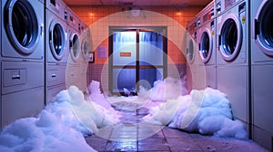 Emergency scene in a laundromat with overflowing soap suds from washing machines. Overflowing laundromat with foam