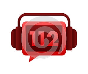 Emergency Service Headset Icon with Number 112, Red Communication Bubble for Immediate Assistance and Urgent Help