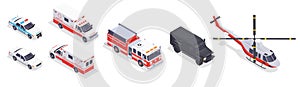 Emergency service transport isometric icons set with fire engine ambulance police car helicopter 3d isolated vector