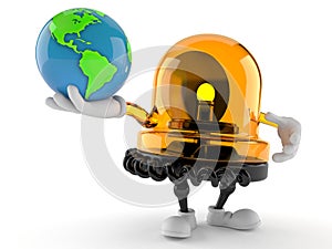 Emergency siren character holding world globe