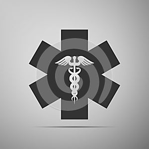 Emergency star - medical symbol Caduceus snake with stick icon isolated on grey background. Star of Life